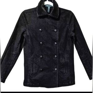 LRL Ralph Lauren Jean Co Black Denim Corduroy Chore Pea Utility Coat Size 14